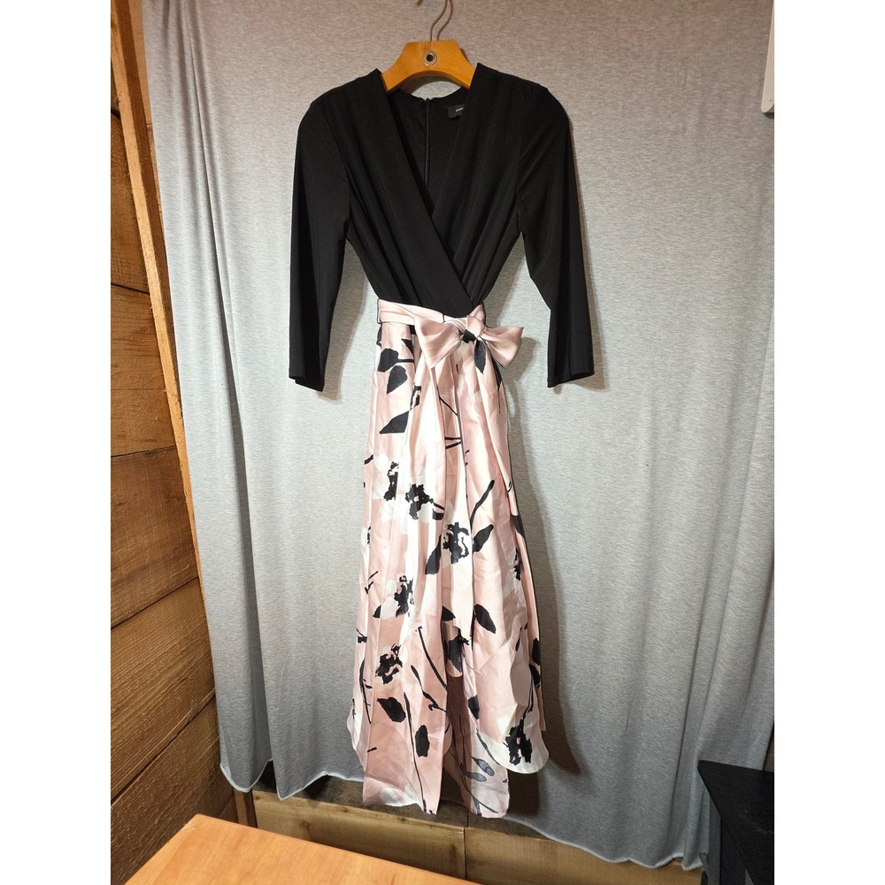 R&M Richards Womens Black Pink Floral Satin Skirt Evening Gown Dress Size 6